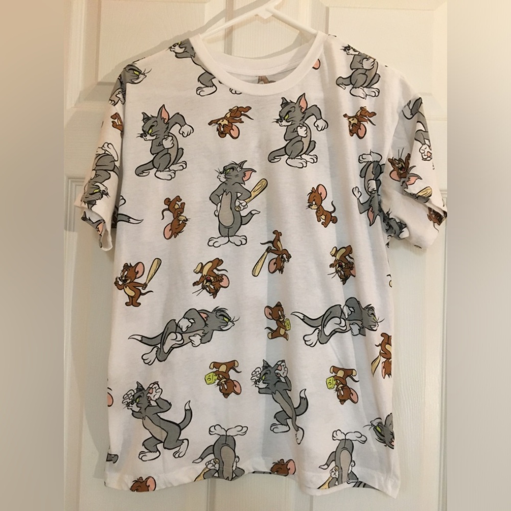 Tom & Jerry White Graphic Tee Cartoon Print Tom and Jerry All Over Small Cotton